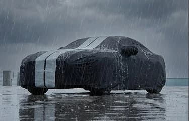 Sedan car covered with Coverland car cover in rain