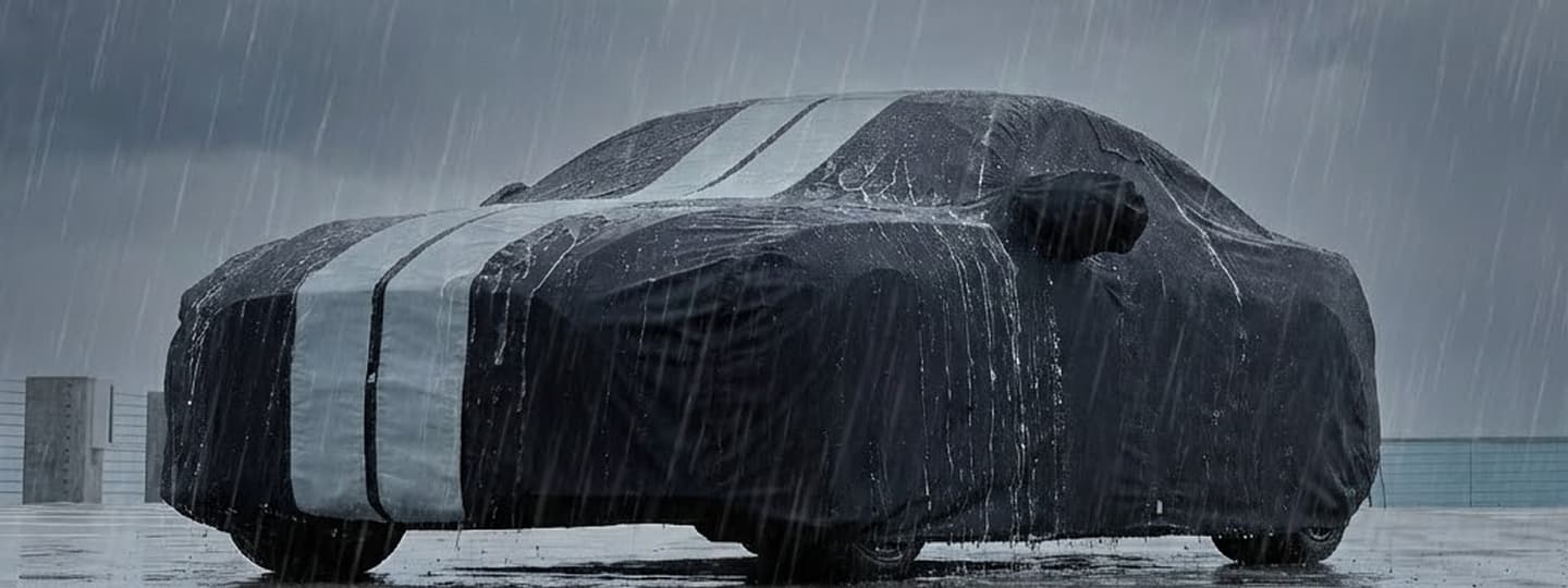 Sedan car covered with Coverland car cover in rain